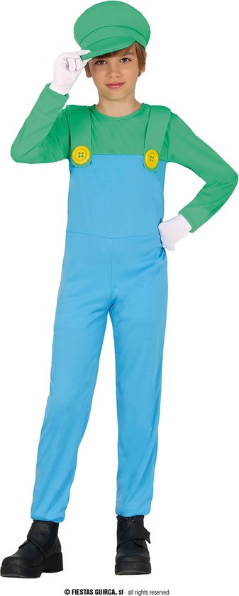 Guirca - Luigi Kostuum - Pizza Bakkende Loodgieter Kind Kostuum - Blauw, Groen - 5 - 6 jaar - Carnavalskleding - Verkleedkleding