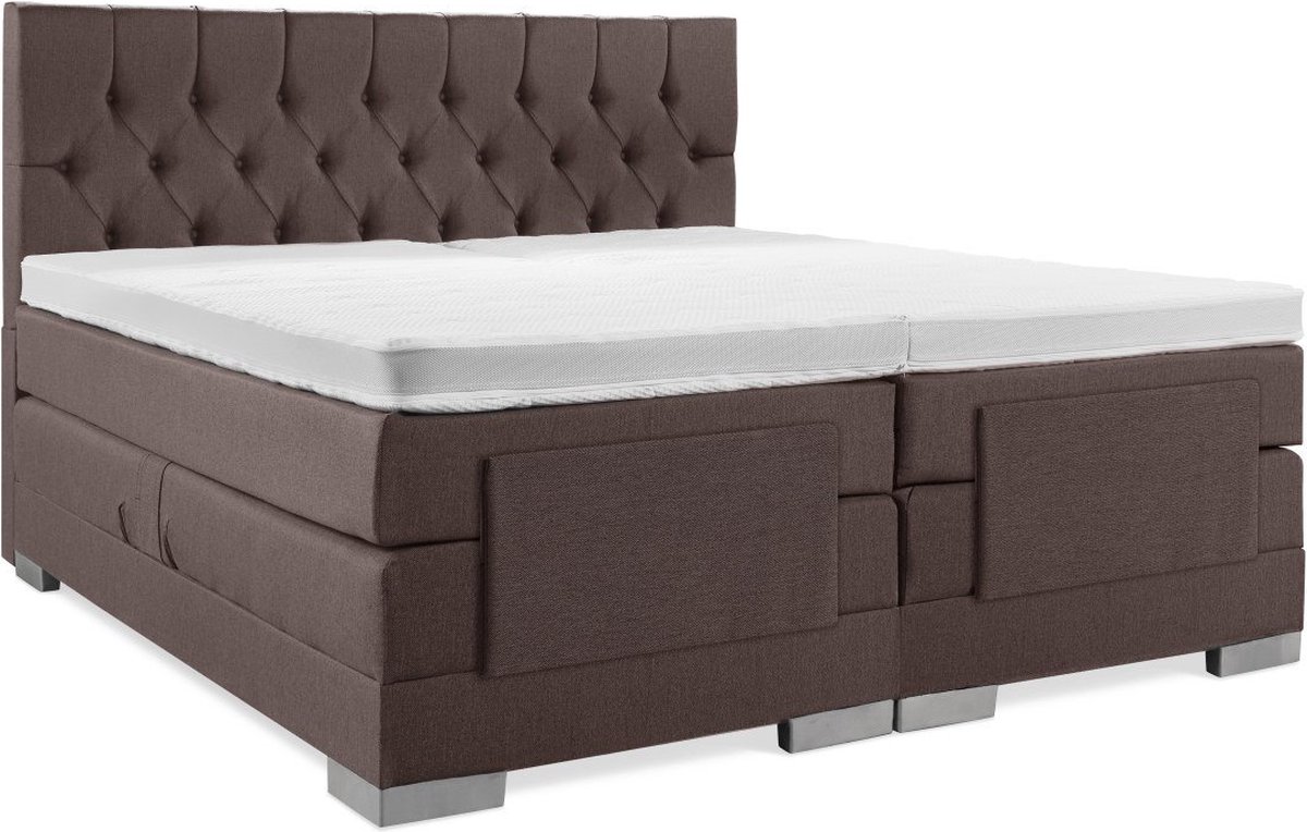 Elektrische Boxspring - 160x220 - Incl. Gecapitonneerd hoofdbord - Notenbruin met plint