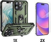 Casemania Coque adaptée pour Apple iPhone 15 Pro Vert & 2X Protecteur d'écran en Verres - Armure Hybride Anti-Choc avec Ring de Béquille