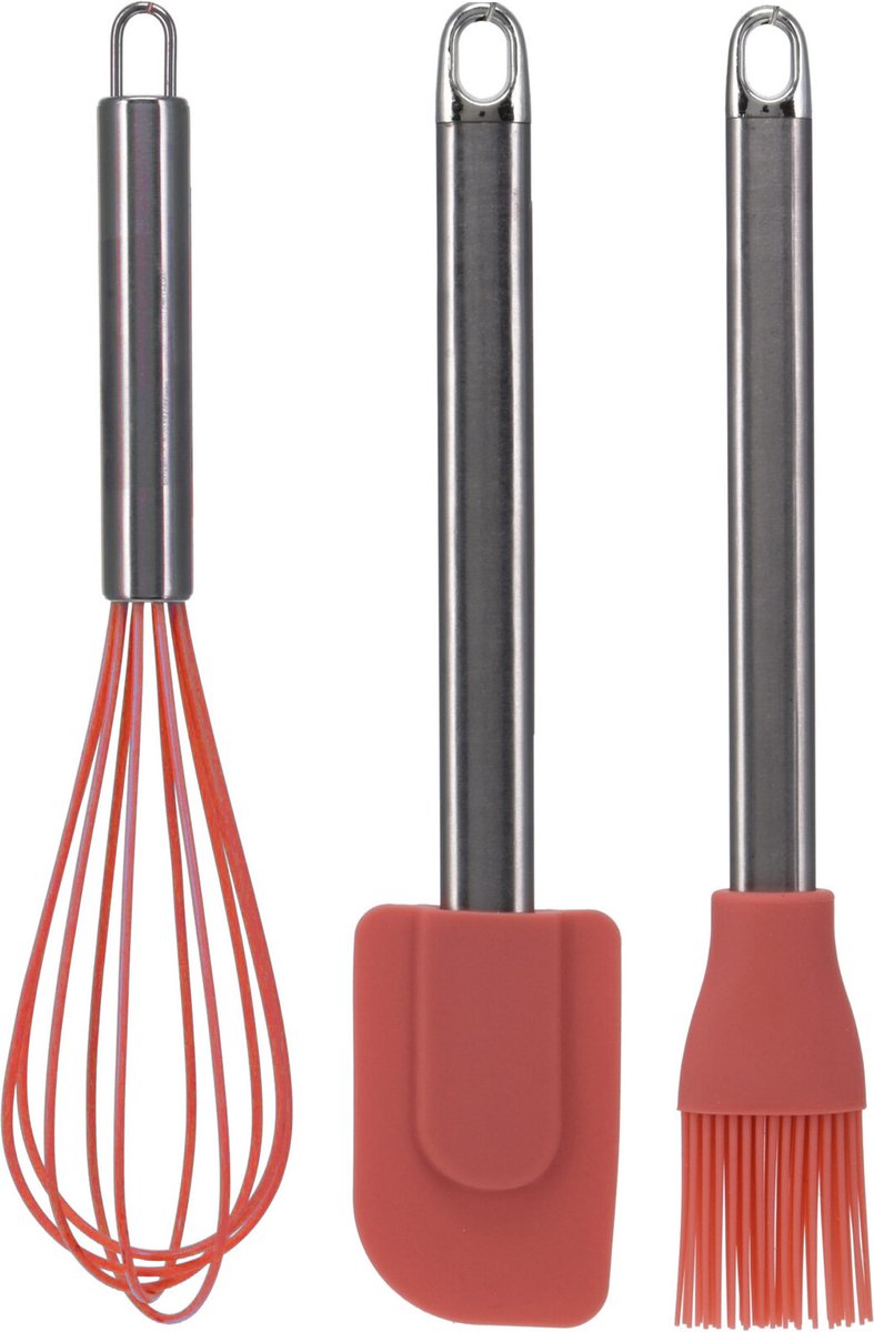 La Cucina Keukengerei set - 3 stuks - garde/pannenlikker/bakkwast - rood - RVS/siliconen - 26 cm