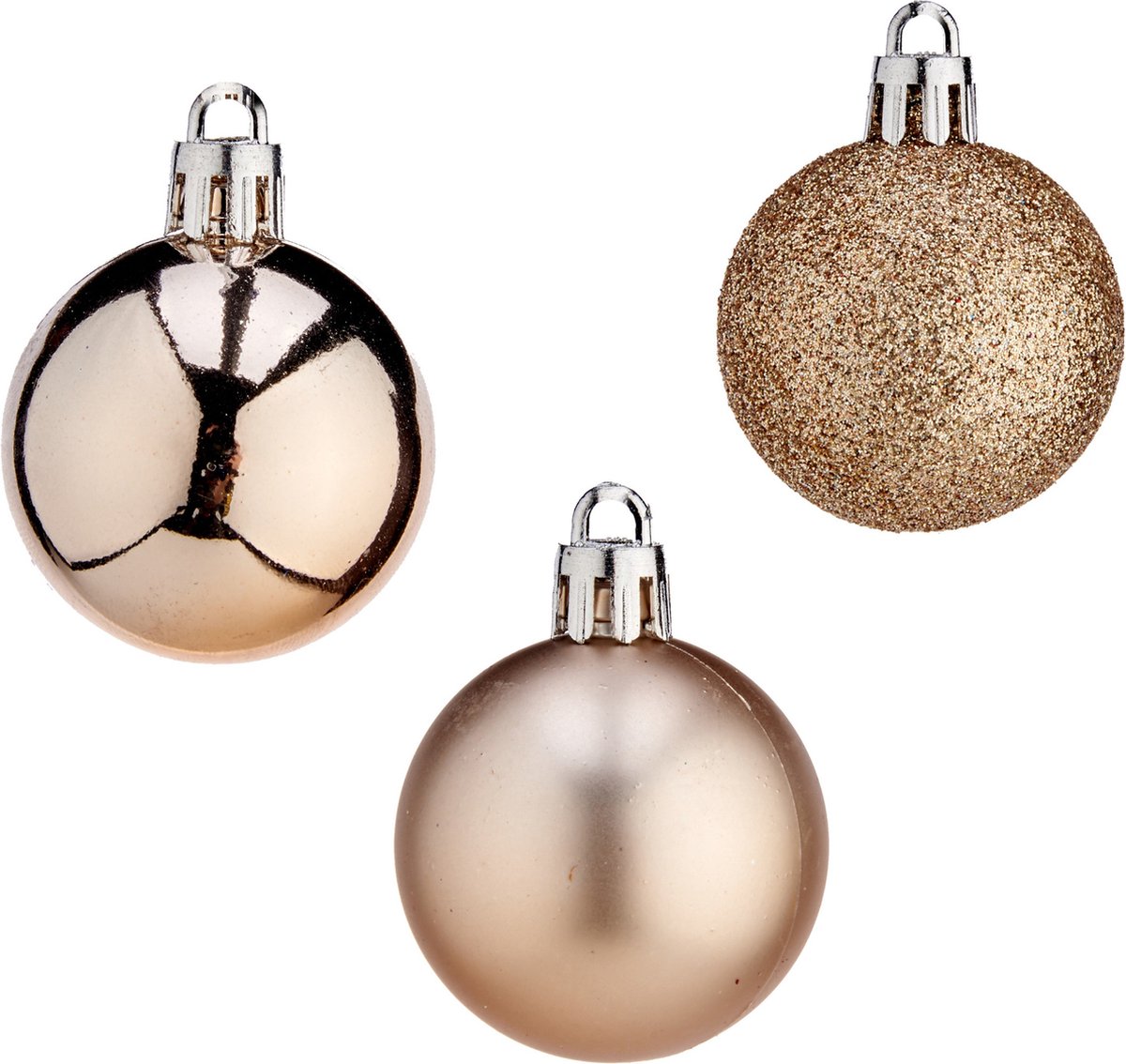 Set van 20 champagnekleurige mini kerstballen van 3 cm, mat/glitter/glans.