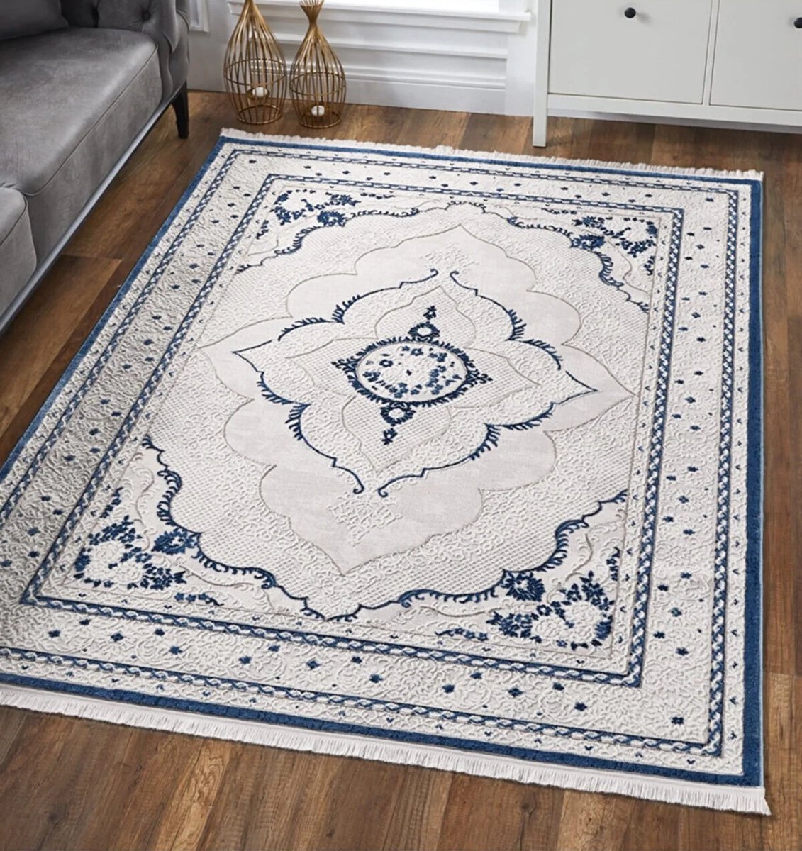 ARTOIS - Creme-Blauw - 160x220cm, Laagpolig vloerkleed met franjes