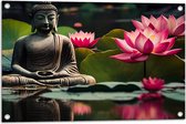 Tuinposter – Buddha - Waterlelies - Bloemen - Bladeren - Water - 75x50 cm Foto op Tuinposter (wanddecoratie voor buiten en binnen)
