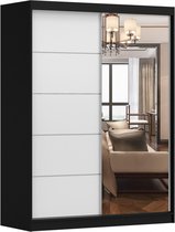 Zweefdeurkast Kledingkast met Spiegel,decoratieve afwerking aan de voorkant, Garderobekast met planken en kledingstang: 150x200x61 cm - Beni 05 Classic (Zwart + Wit, 150)