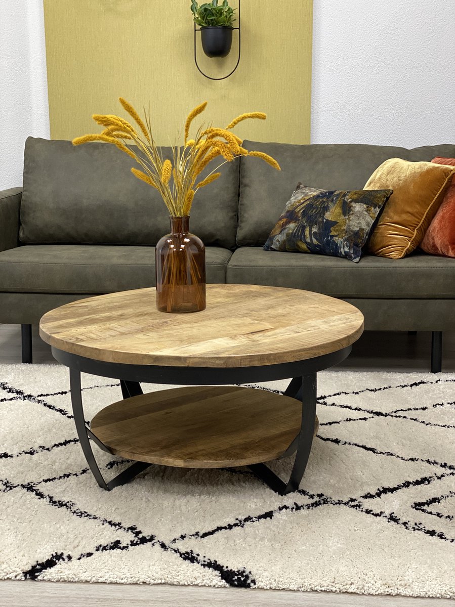 Salontafel rond mangohout industrieel 90cm