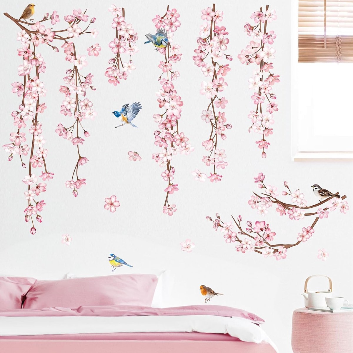 Stickers Muraux Fleurs de Cerisier Rose Autocollant Mural Vigne Fleur  Branche Oiseaux Décoration Murale Chambre Salon Fenetre