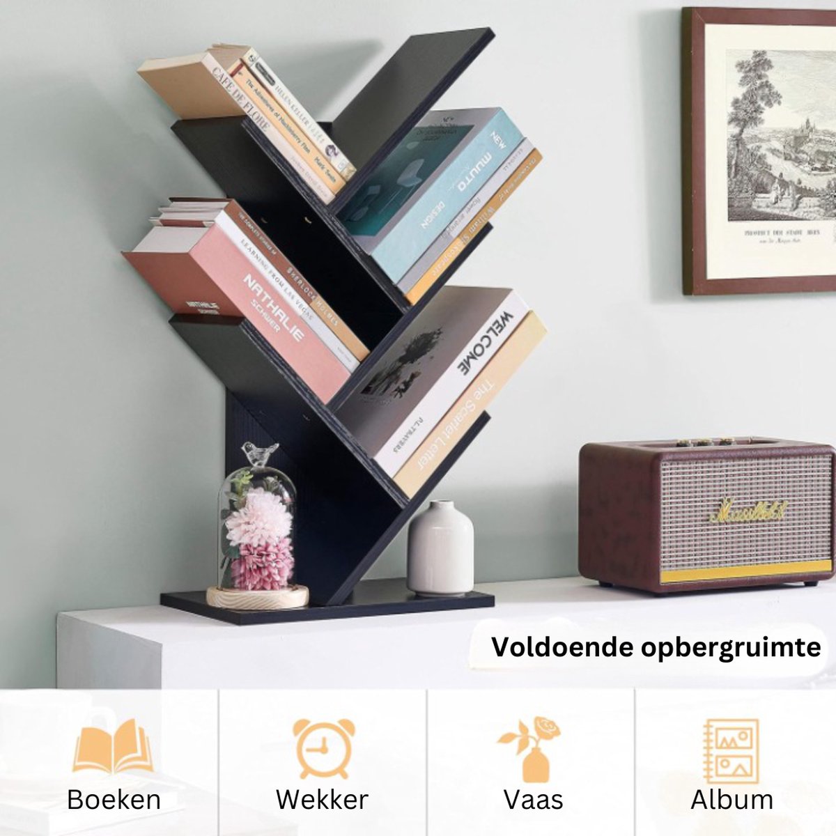 IBUYKE 5 Tier Boomboekenplank Zwart - Desktop Organizer Met Opbergruimte Voor Boeken En CD's