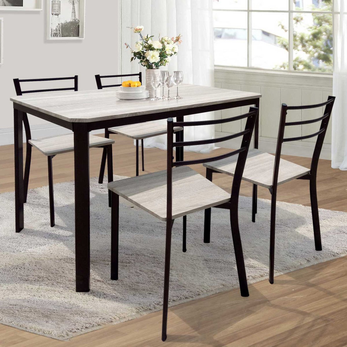 Tafelset Lily, 4 Stoelen - Beige/zwart - Poldimar - Keukentafel - Bruin; Zwart - MDF; Metaal