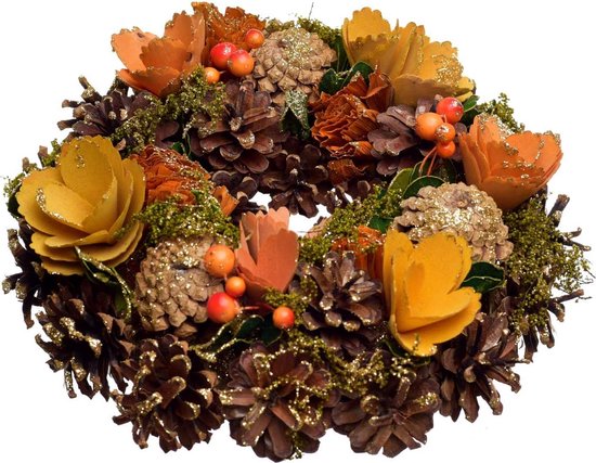 Kleurrijke herfstkrans - rijstkrans - herfstdecoratie - natuur - bruin, oranje, geel, groen - ca. 25 x 25 x 8 cm