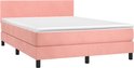 Lit boxspring rose avec tête de lit et matelas, sur pieds noirs.