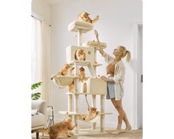 Krabpaal groot, 206 cm hoog, XXL kattenboom, met 13 krabzuilen, 2 platforms, 2 holletjes, mand, hangmat, pluche ballen, meerlaagse kattenkrabpaal, beige PCT190M01