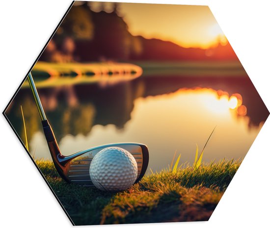 Dibond Hexagon - Golf - Golfbal - Golfclub - Zonsondergang - Gras - Water - 50x43.5 cm Foto op Hexagon (Met Ophangsysteem)