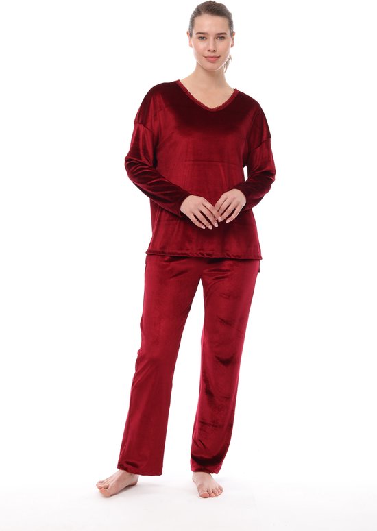 Pijadore - Fluwelen Dames Pyjama Set, Lange Mouwen, Kastanjebruin - XL