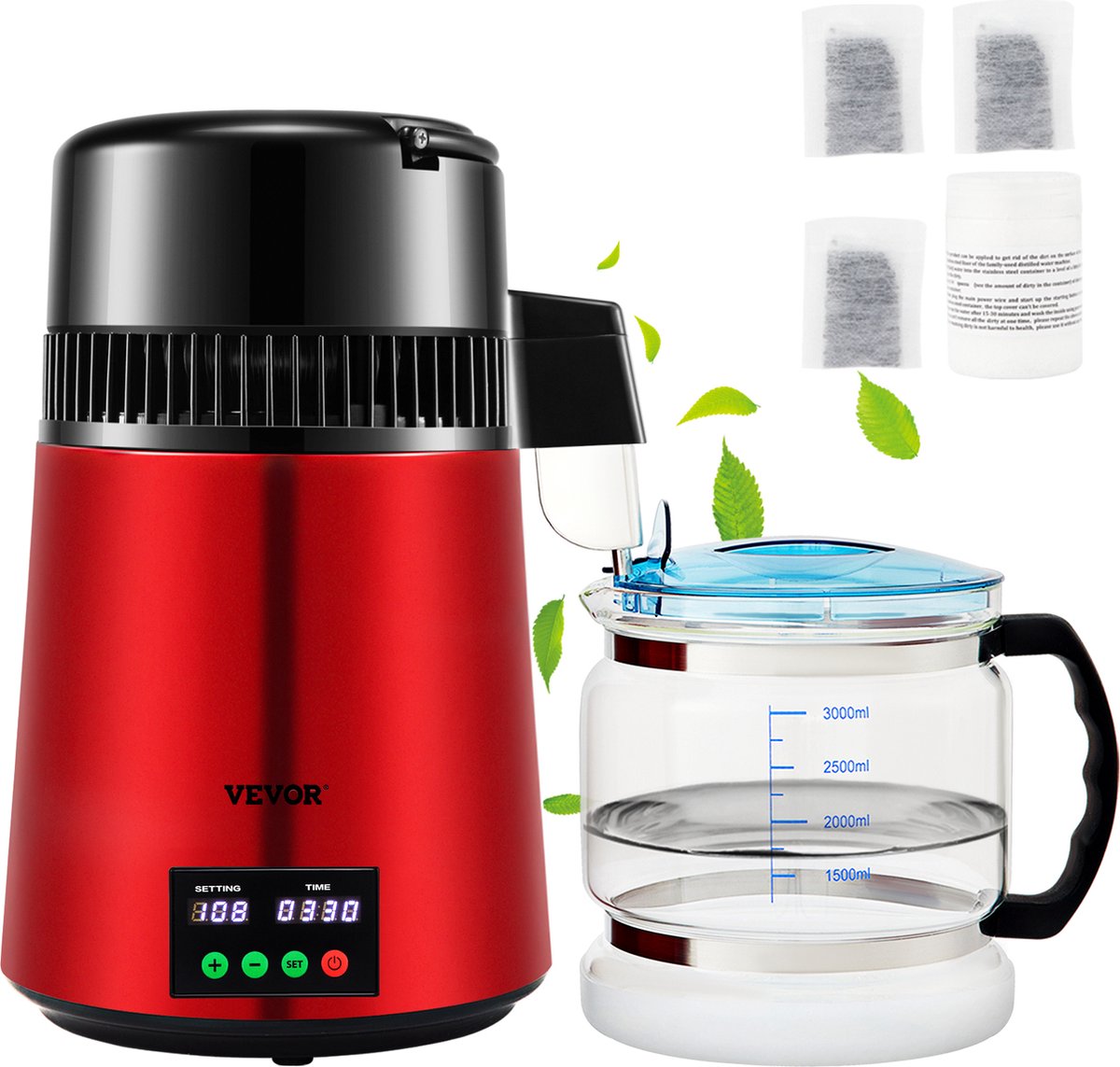 VEVOR 4L Water Distiller 750W 1 L/H Gedistilleerd Water Maker Machine met 0-99 H Timing Instelling en Temp Display, 304 Roestvrijstalen Aanrecht Distilleerder met Glazen Karaf, Reinigingspoeder en 3 Carbon Packs
