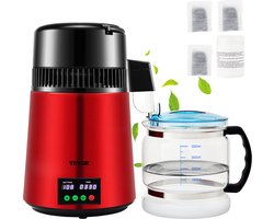 VEVOR 4L Water Distiller 750W 1 L/H Gedistilleerd Water Maker Machine met 0-99 H Timing Instelling en Temp Display, 304 Roestvrijstalen Aanrecht Distilleerder met Glazen Karaf, Reinigingspoeder en 3 Carbon Packs
