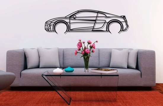 Audi R8 Silhouette – Metaal Kunst - Wanddecoratie - Man Cave - Auto Decoratie - 80cm X 20cm - Muurdecoratie - Cadeau voor man