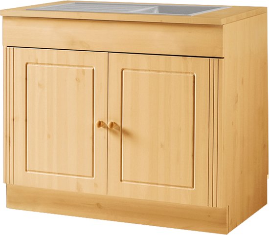 Houten onderkast met twee deuren en een gootsteenaansluiting.