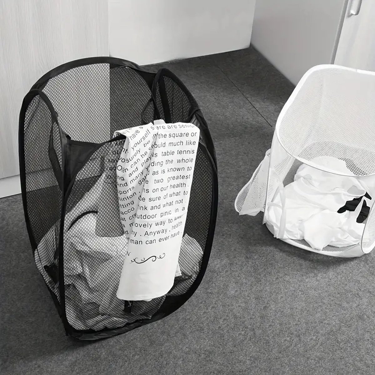Opvouwbare wasmand wit - pop up wasmand - wasmand voor op reis - wasmand met hengsels - was sorteren met extra opbergvak - waszak opvouwbaar voor onderweg - vakantie wasmand met handvatten — cadeau in Cadeau-ideeën - foto 2