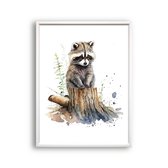 Postercity - Poster Aquarel Baby Wasbeer op Boomstronk - Waterverf - Bos Dierenposter - Babykamer / Kinderposter - Muurdecoratie - 40x30cm