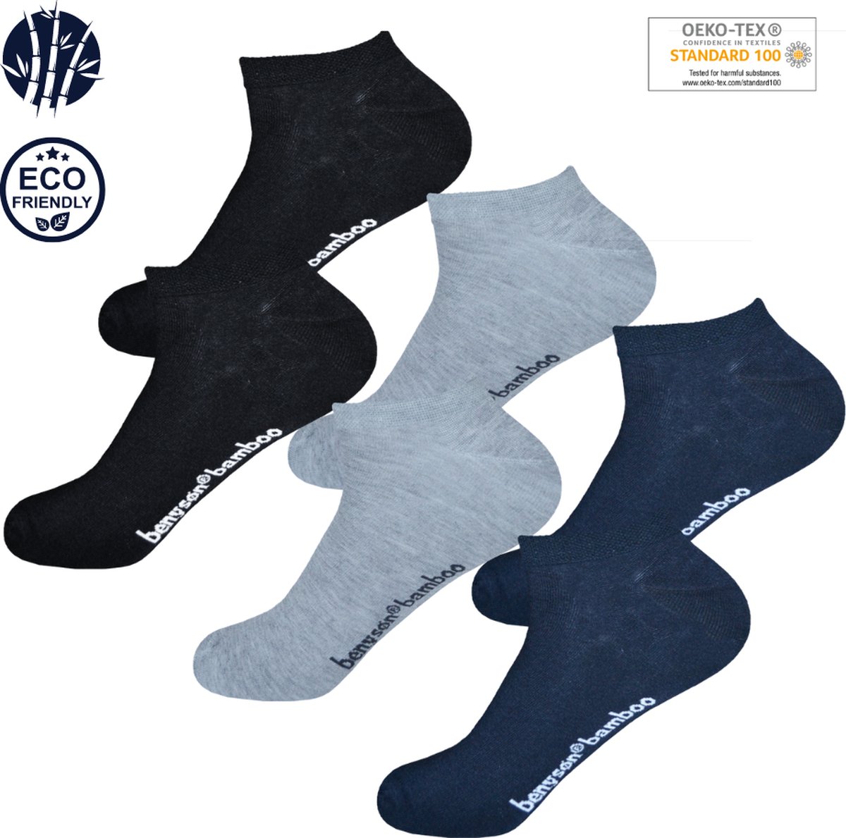 BENYSØN® Bamboe Sneakersokken 6 Paar | Naadloos | Blauw, Grijs, Zwart | Maat 41-46 | Seamless Toes | OEKO-TEX Standaard 100