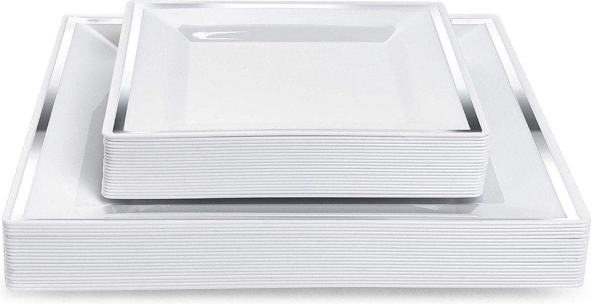 40 Witte Vierkante Plastic Borden met Zilveren Rand voor Bruiloften, Verjaardagen, Doopfeesten, Kerstmis en Feesten (2 Maten: 20 x24 cm, 20 x16.5 cm) - Stevig, Stijve en Herbruikbaar