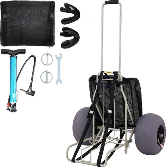 Opvouwbare Handkar 75 kg Laadvermogen Opvouwbare Transportwagen 68x35,5x125 cm Strandkar van een Aluminium Buis, Roestvrij Staal en Ijzer met 75 tot 125 cm Verstelbare Hoogte, 33 cm Strandwielen