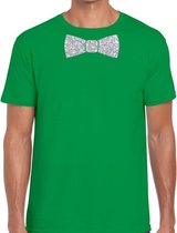 Groen fun t-shirt met vlinderdas in glitter zilver heren - shirt met strikje M