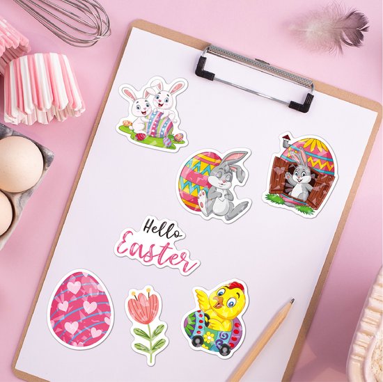 Autocollants Joyeuses Pasen - 100 Autocollants de Pâques avec lapins de Pâques, œufs de Pâques, poussins, printemps - Décoration de Pâques