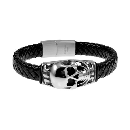 Armband Heren - Zwarte Leren - RVS - Gevlochten Armband met Schedel