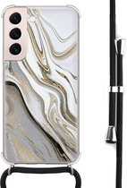 Hoesje met koord - Geschikt voor Samsung Galaxy S22 - Marmer wit goud - Verstelbaar zwart koord - Crossbody - Marmer - Transparant, Goud, Wit - Leuke Telefoonhoesjes