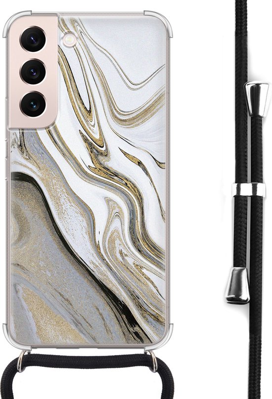 Hoesje met koord - Geschikt voor Samsung Galaxy S22 - Marmer wit goud - Verstelbaar zwart koord - Crossbody - Marmer - Transparant, Goud, Wit - Leuke Telefoonhoesjes