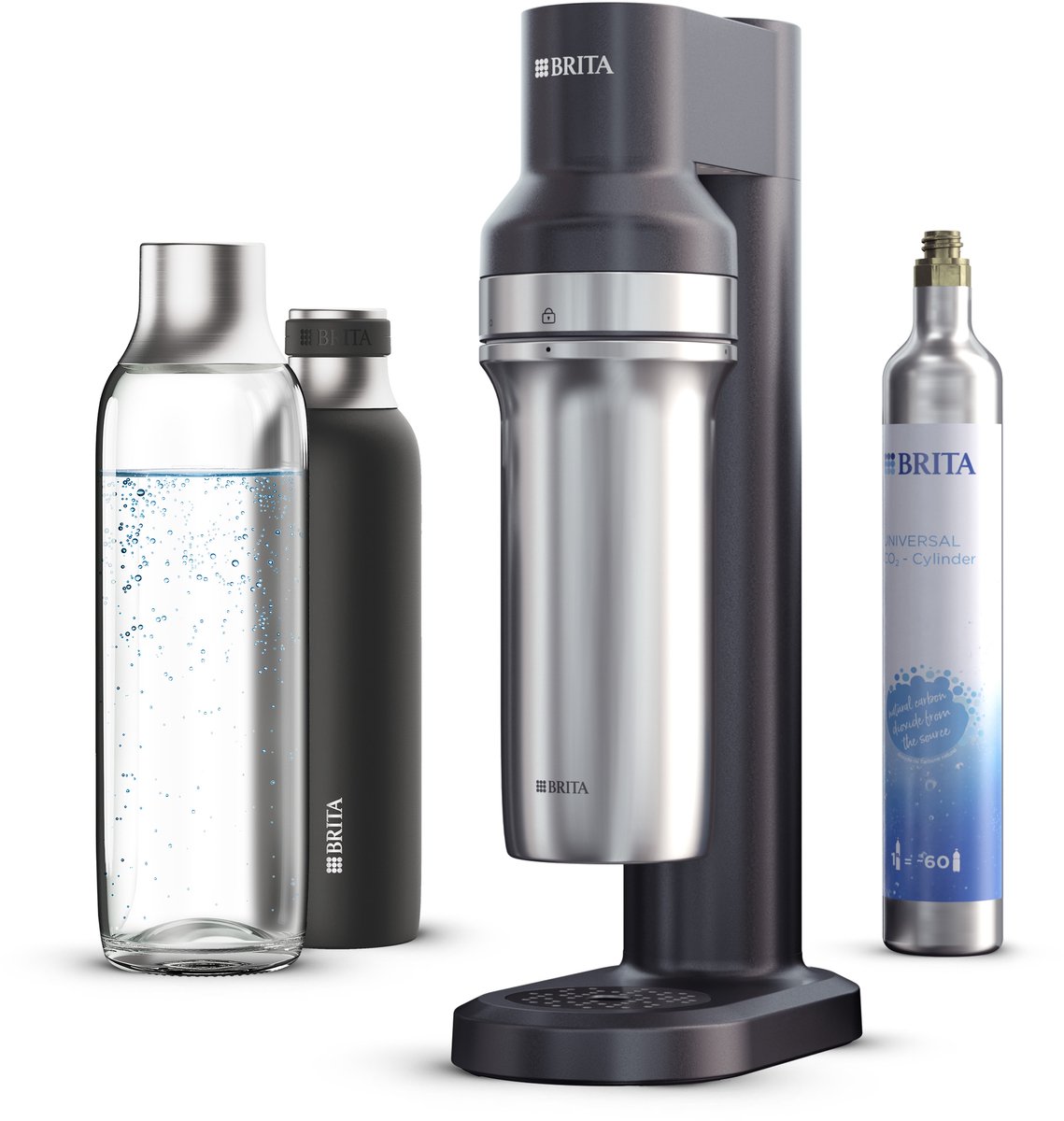 BRITA - SodaTRIO - Bruiswatertoestel - Soda - Zwart - incl. 1 BRITA flesvoet, 1 BRITA CO2 cilinder, 1 glazen fles, 1 kleine roestvrijstalen fles - met Cashback (enkel in België - tot €20 terugbetaald)