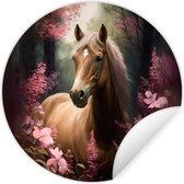 Muurstickers paard - Bloemen - Roze - Dieren - Behangsticker - Behangcirkel zelfklevend - Wandbekleding - Ronde muurdecoratie - 80x80 cm - Muursticker cirkel - Plak stickers - Wall sticker