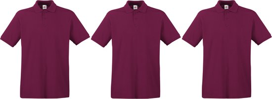 Drie bordeauxrode katoenen poloshirts met korte mouwen, kraag en knopen.