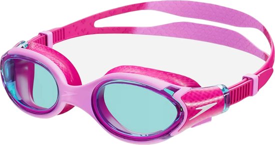 Roze Speedo zwembril met blauwe glazen en een opvallende roze band.