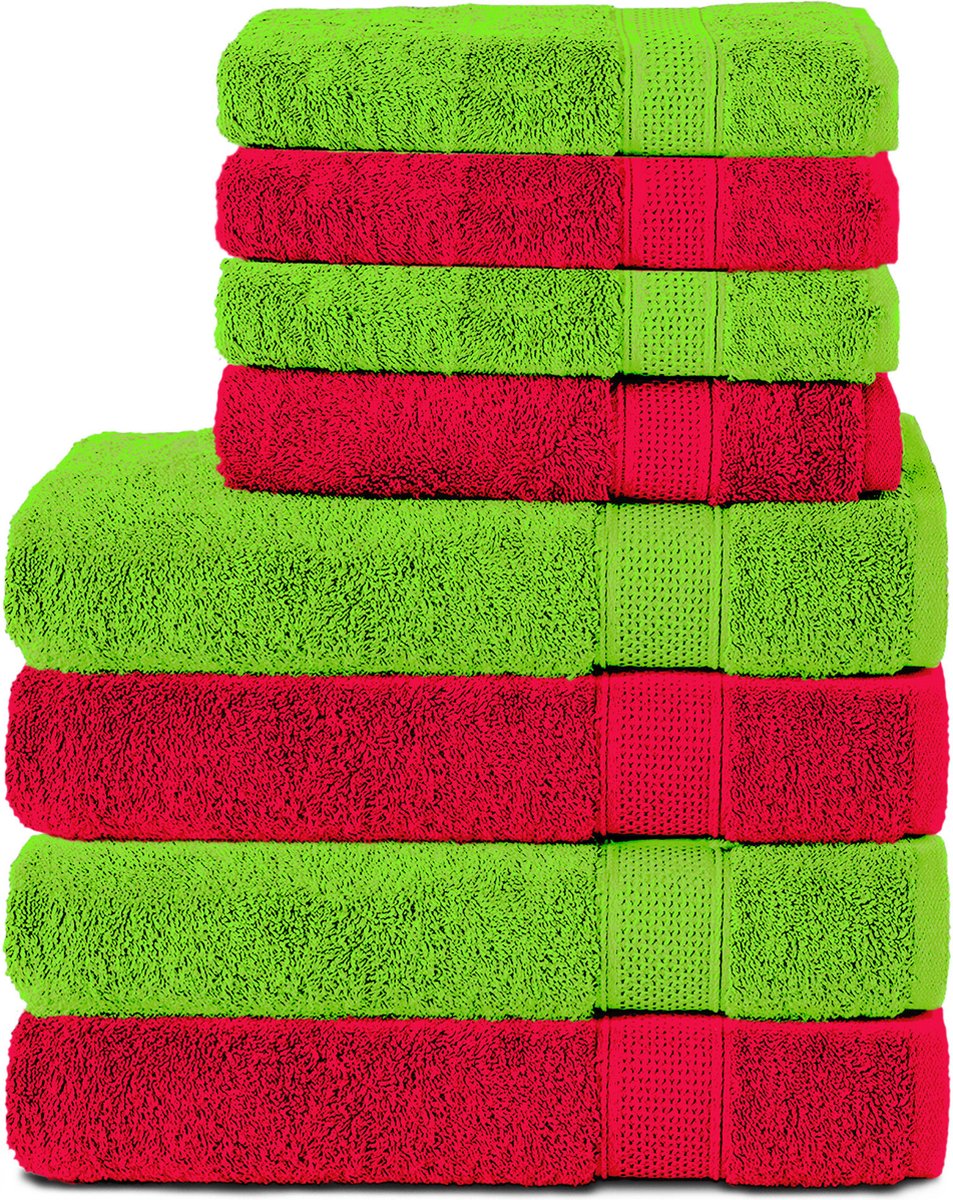 Komfortec Handdoekenset 4x badhanddoek 70x140 cm + 4x handdoek 50x100 cm - 100% Katoen - Groen&Fuschia