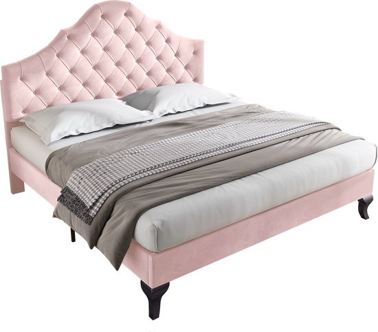 Merax Gestoffeerd Tweepersoonsbed - Bed voor 2 Personen met Verstelbaar Hoofdbord - Roze
