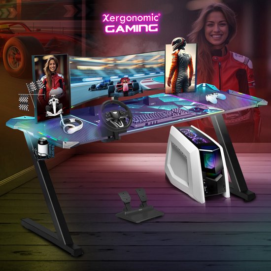 Xergonomic Aurora Gaming Desk - Bureau met carbonfiber look - LED-Verlichting - Incl. beker-, koptelefoonhouder en kabelorganizer - B160xH75xL62 cm - Zwart