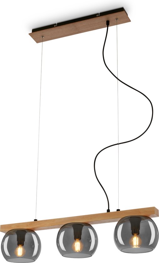 BRILONER - KYRO - Hanglamp, met hout, rookglas, 3x E14 max.10W