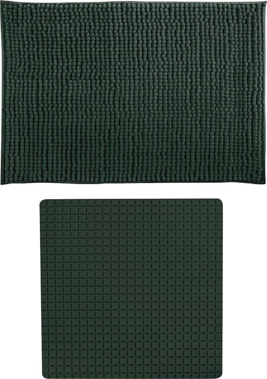 MSV Douche anti-slip mat en droogloop mat - Sevilla badkamer set - rubber/microvezel - donkergroen