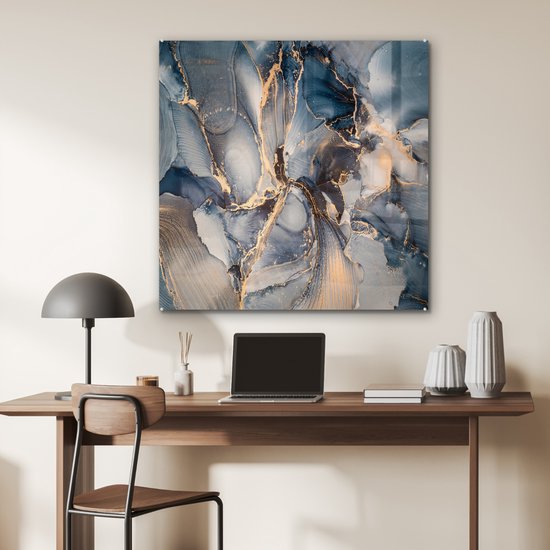 MuchoWow® Peinture sur Verre - Marbre - Grijs - Blauw - Luxe - Or - 90x90 cm - Peintures sur Verre Acrylique - Photo sur Glas