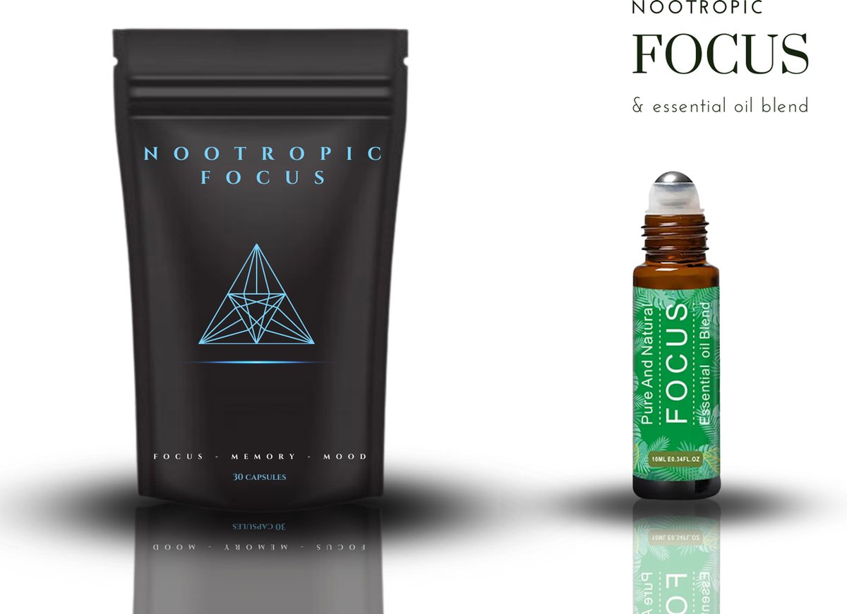 Nootropic Focus™ & essential oil blend - Combinatiepakket - Versterkt concentratie & prestatievermogen - Roll-on olie - Focus - Energie - Brain booster - Studie - Examen - Caffeine - Vegan - Ashwagandha & l-theanine - Ayurveda