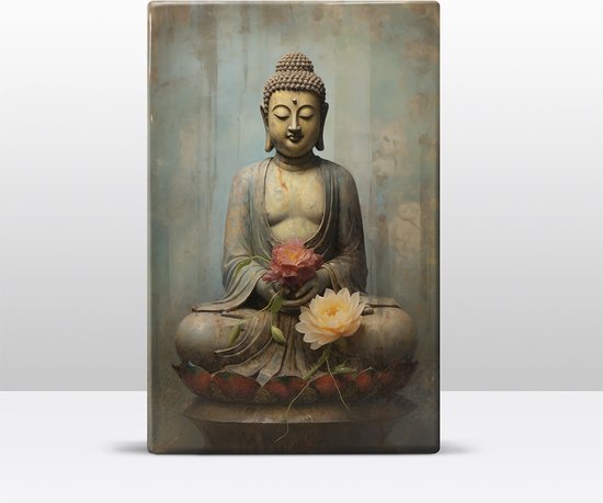 Buddha met bloemen - Laqueprint - 19,5 x 30 cm - Niet van echt te onderscheiden handgelakt schilderijtje op hout - Mooier dan een print op canvas. - LW500