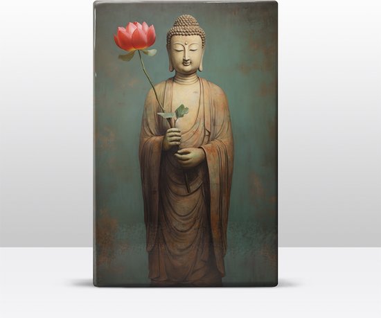 Buddha met bloemen - Laqueprint - 19,5 x 30 cm - Niet van echt te onderscheiden handgelakt schilderijtje op hout - Mooier dan een print op canvas. - LW523