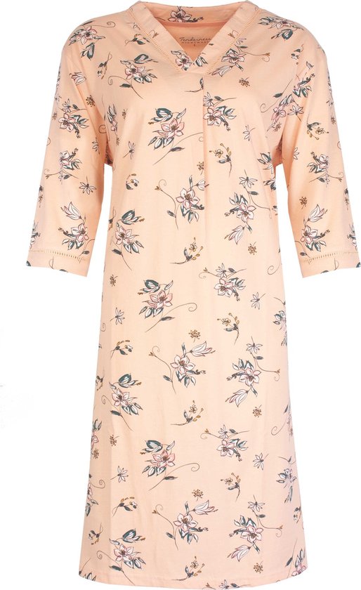 TENGD1323A Chemise de Nuit Femme - Robe de Nuit Tendresse - imprimé fleuri multicolore - 100% Katoen Peigné - Rose. - Tailles : S