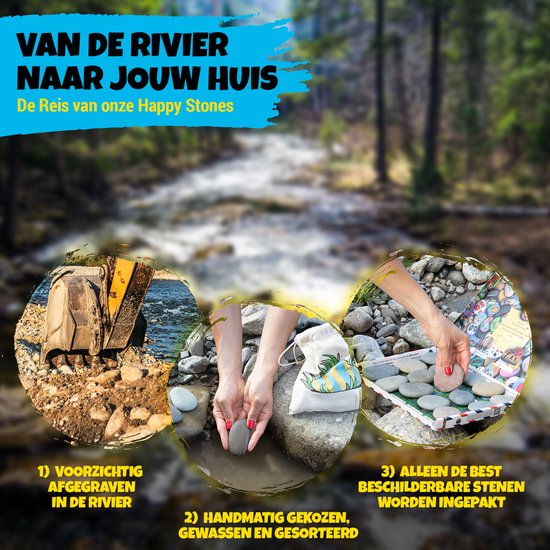 Trio illustraties: stenen in een rivier, handen selecteren stenen, stenen in een doos.