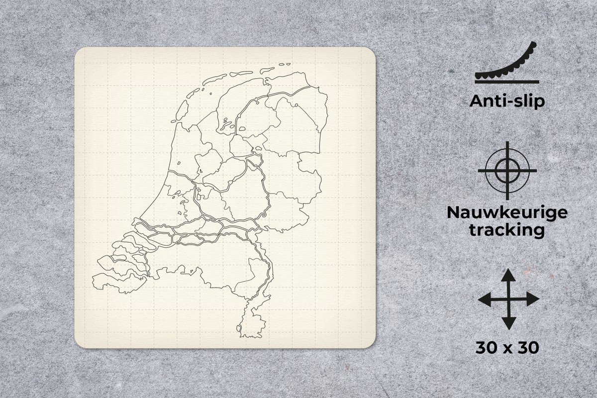 Muismat 30x30 cm - Mousepad Lijn kaart van Nederland - Muismatten