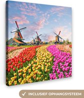 Canvas Schilderij Molen - Tulpen - Bloemen - Regenboog - Hollands - 20x20 cm - Wanddecoratie
