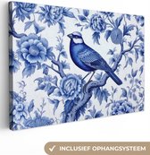 Canvas Schilderij Vogel - Bloemen - Delfts blauw - Kunst - Hollands - 120x80 cm - Wanddecoratie