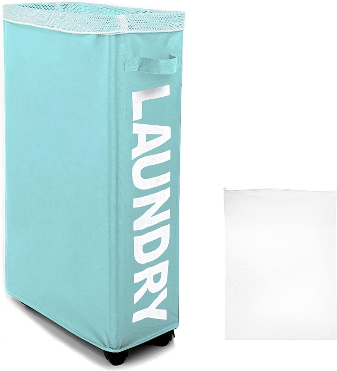 Goedkoopste 62L grote opbergmand met afneembare waszakken, inklapbare smalle wasmand met wielen, slanke draagbare vuile wasmand (lichtblauw